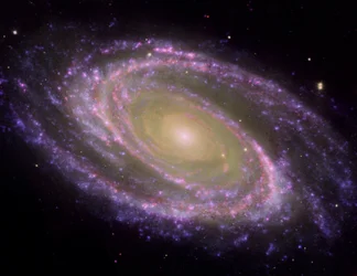 Spiral Galaxy M81, lutad i en sned vinkel mot markbunden siktlinje, sett i flervågsljus. Kredit NASA. Vetenskap Astronomi Stjärnrymd